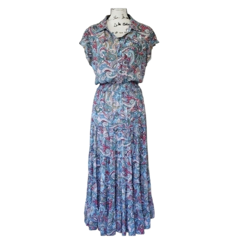 Tahari Paisley Print Short Sleeves Elastic Waist Maxi Dress Size XL